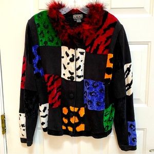 Colorful Vintage 1980’s Berek Sweater, Ostrich Trim